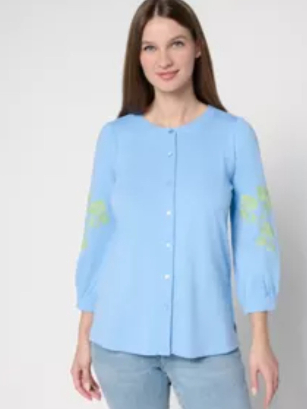 Belle by Kim Gravel Blue Button-Front Blouse with Green Embroidered Sleeves